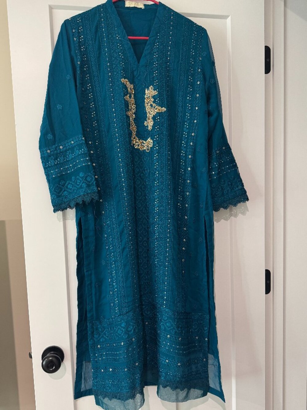 Azure Teal Embroidered 3-Piece Pakistani Suit – Size Medium